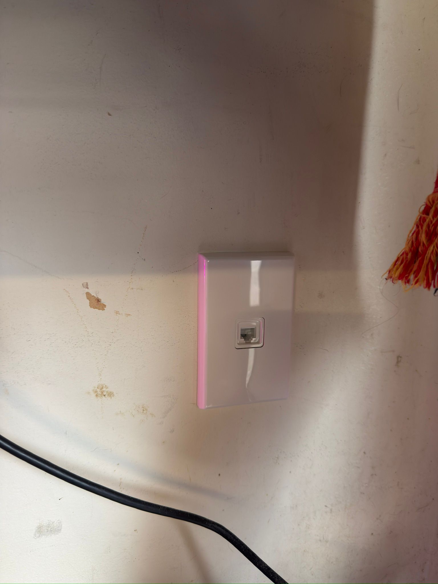 White surface-mounted RJ45 wall jackpoint installed in Tom's converted Ranui garage